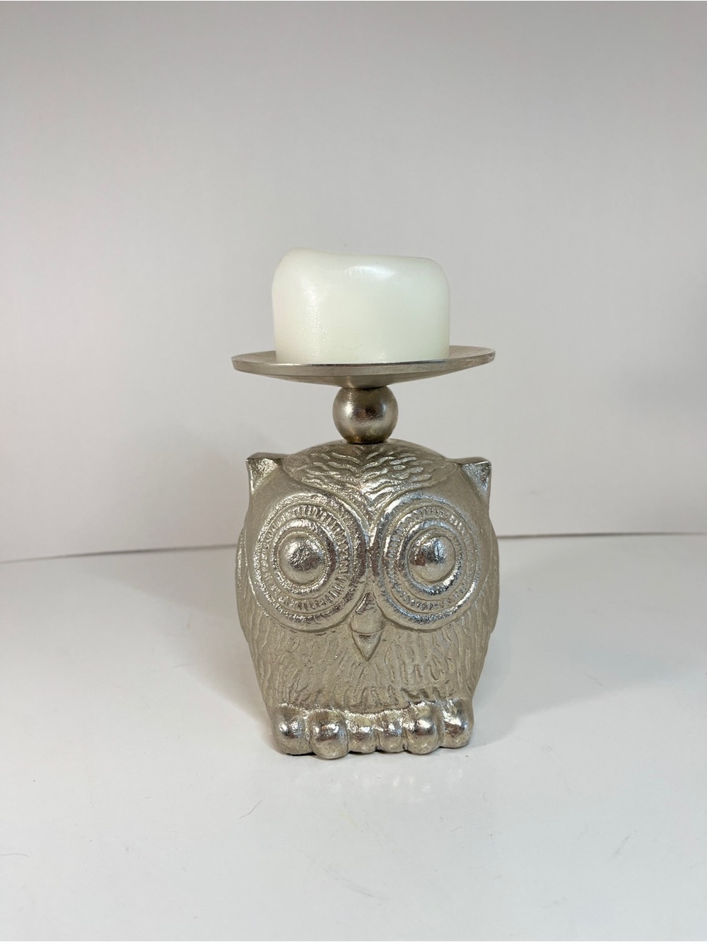 Bowring Silver Metal Owl Candle Holder Decor Accent Piece Boho Maximalist Modern